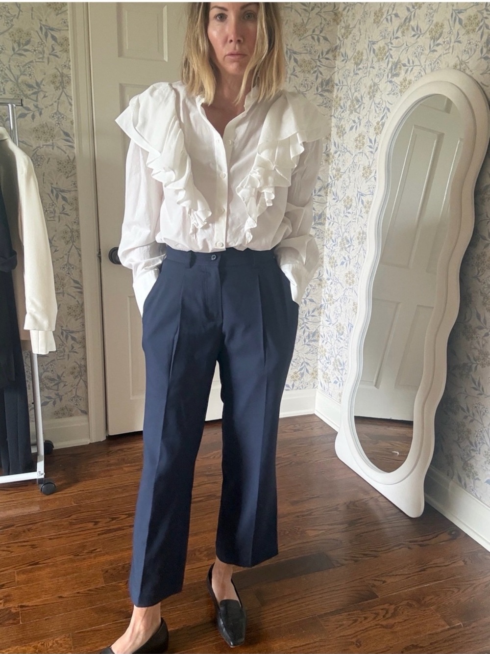 Zara White Ruffled Button Down Blouse S